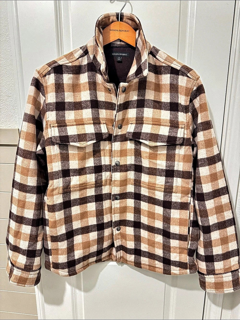 Banana Republic Plaid Bouclé Trucker Jacket Brown & Cream Small